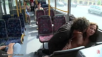 Tied wrists and elbows together behind small tits brunette Euro slut Niki Sweet walked in public streets naked then in bus fucked by big cock Zenza Raggi